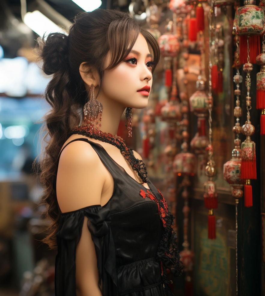 在一个模糊的背景中，一个中国女孩独自站着，她有棕色的头发