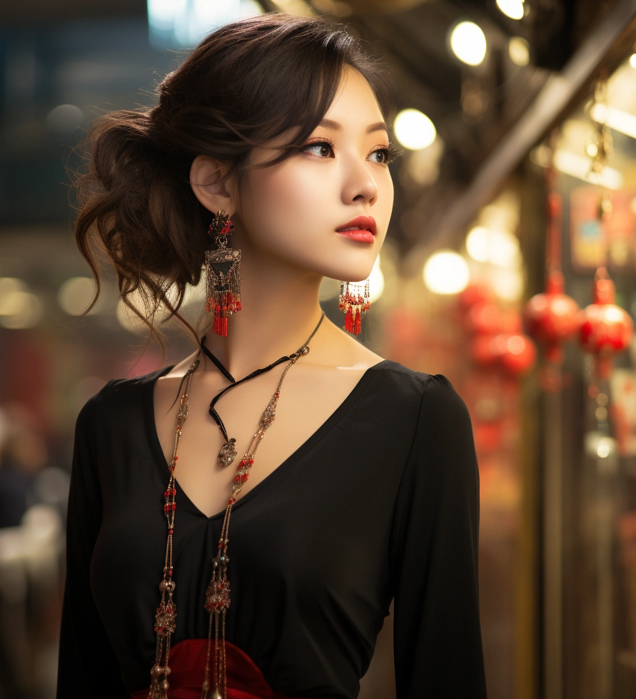 在一个模糊的背景中，一个中国女孩独自站着，她有棕色的头发